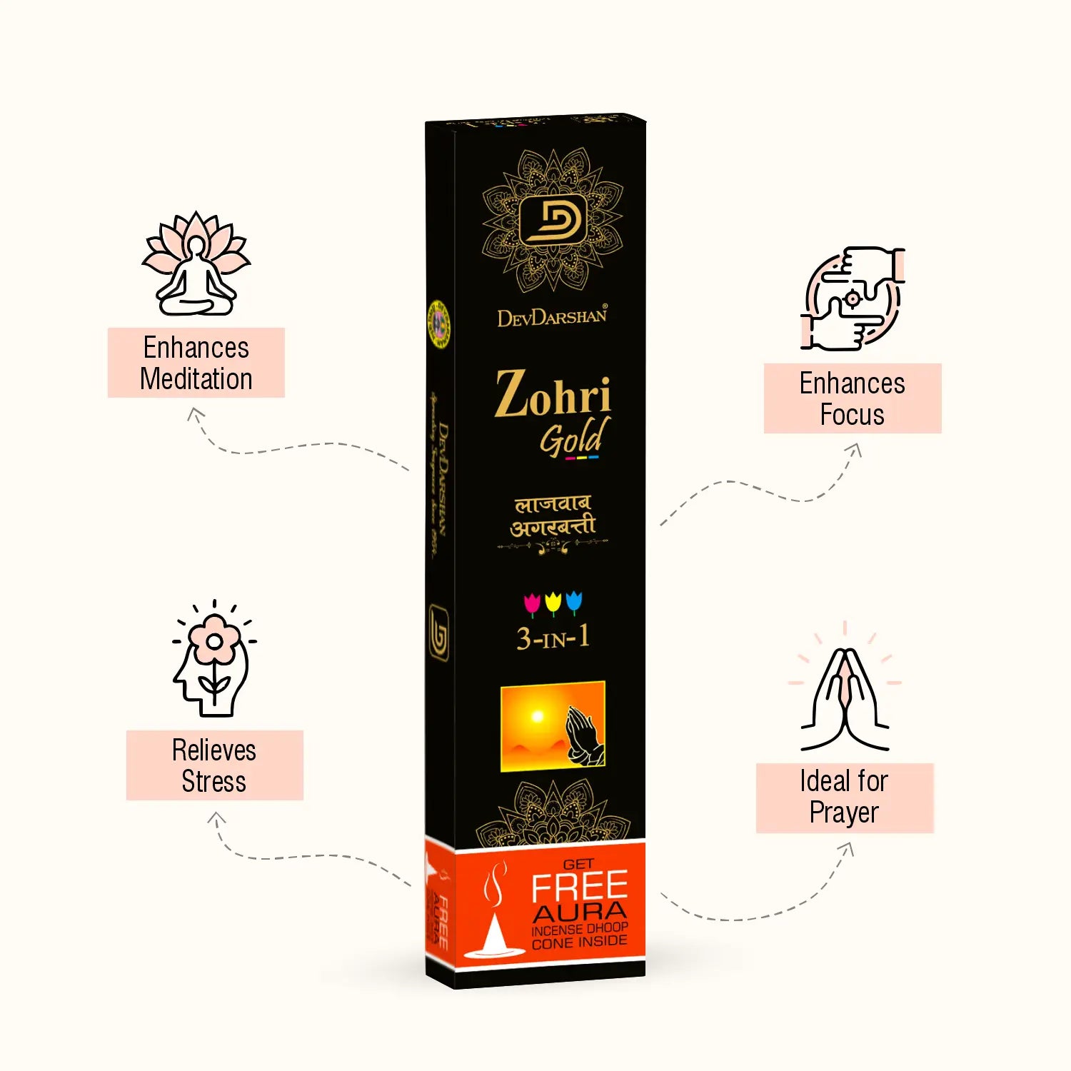 Zohri Gold 3 in 1 Incense Sticks with Free Dhoop Cones (100g)