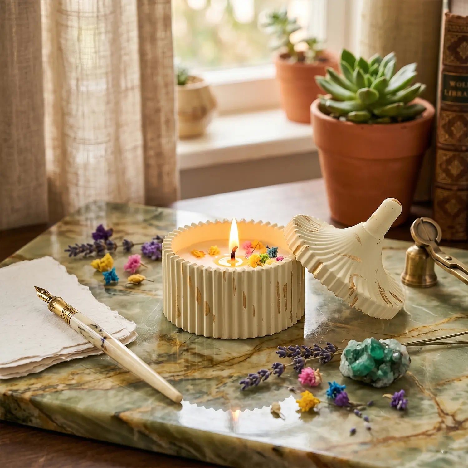Trinket Jar Scented Candle with Dome Lid (Sunlit Yellow with Strokes of Gold)