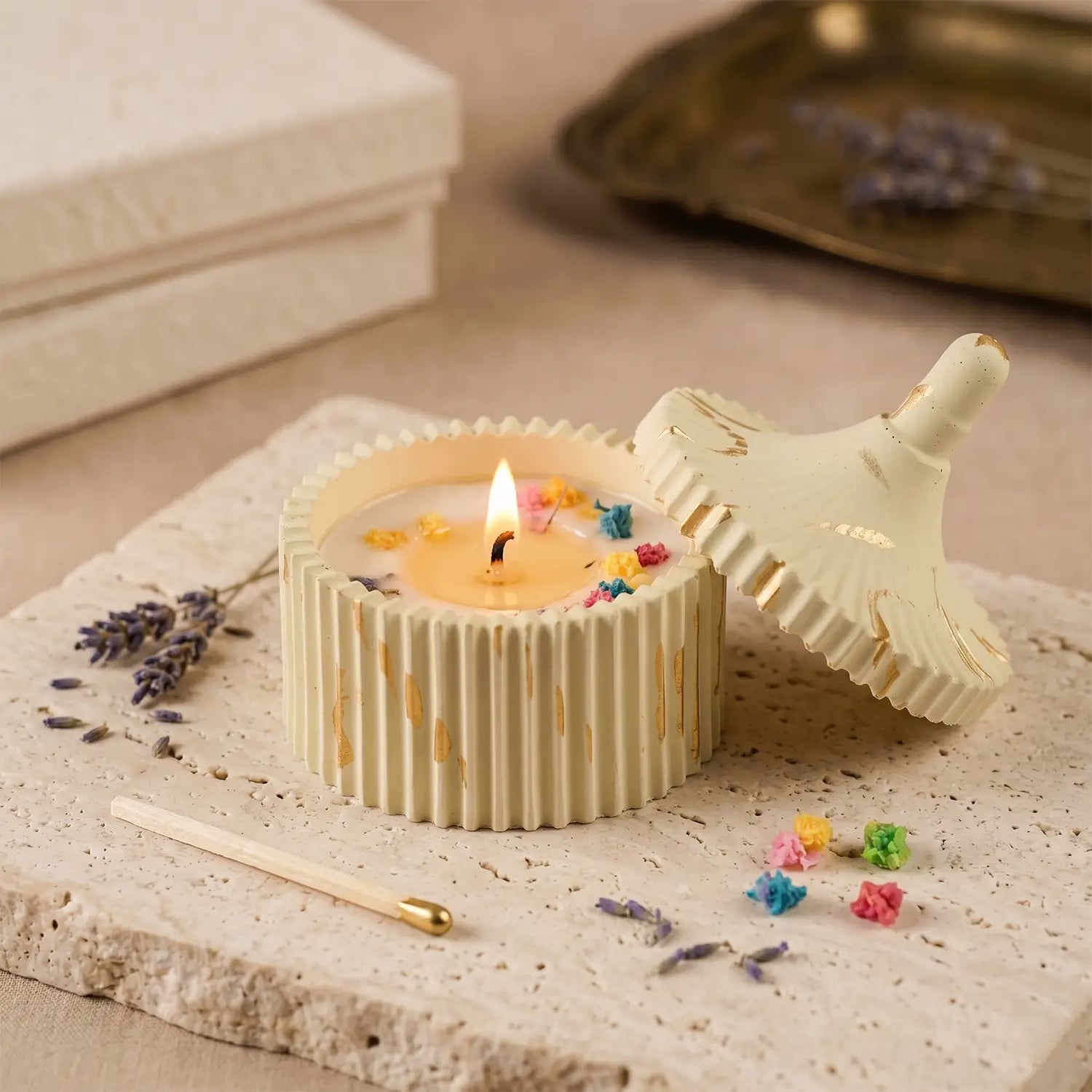 Trinket Jar Scented Candle with Dome Lid (Sunlit Yellow with Strokes of Gold)