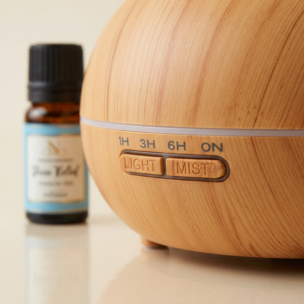 Close-up of the front control buttons on the natural pine-finish ultrasonic diffuser