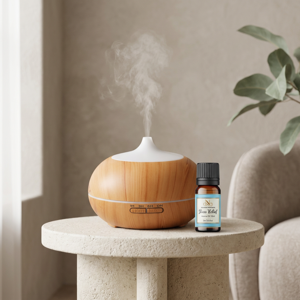 Natural pine-finish ultrasonic diffuser releasing mist beside Devdarshan Stress Relief Aroma Oil.