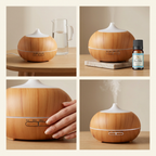 Four-panel ultrasonic diffuser demonstration with Devdarshan Stress Relief Aroma Oil and mist output