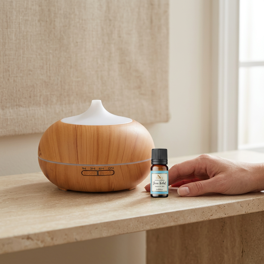 Natural pine-finish ultrasonic diffuser beside Devdarshan Stress Relief Aroma Oil, with a hand nearby for scale.
