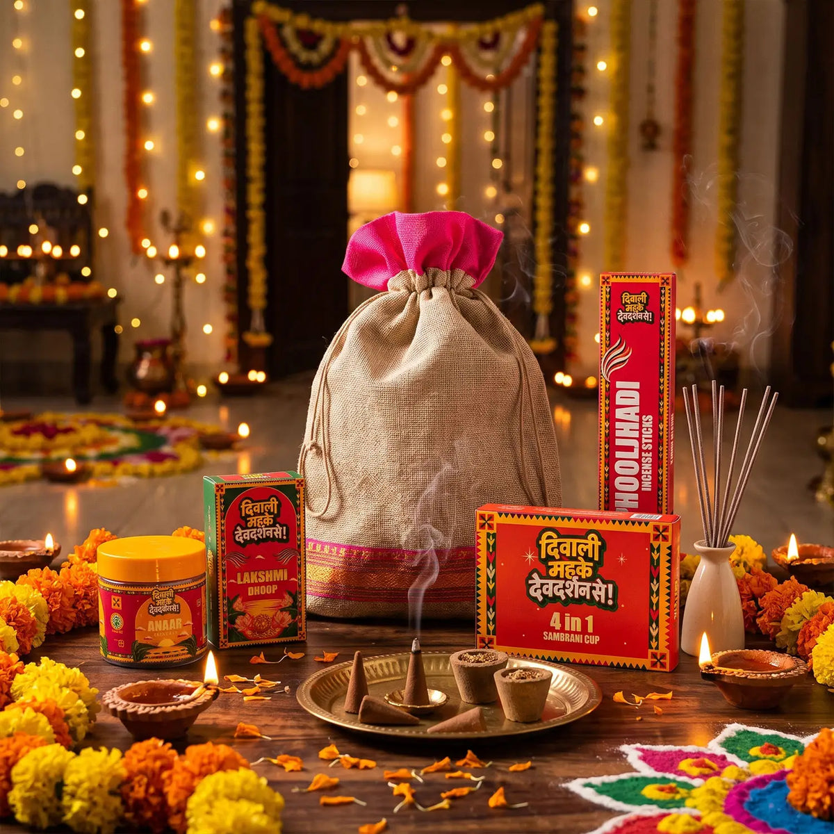 Traditional Diwali Gift Hamper with Dhoop Sticks, Incense and Ceramic Diya